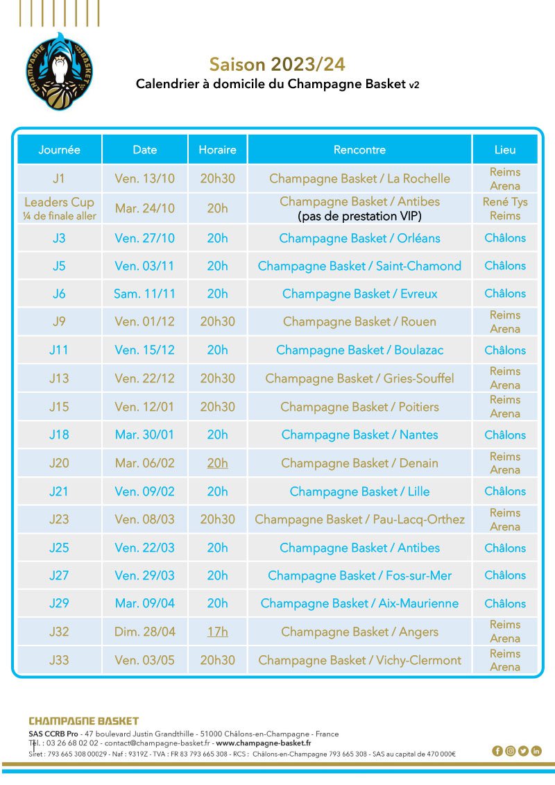 Calendrier des matchs a domicile champagne basket saison 2023/2024