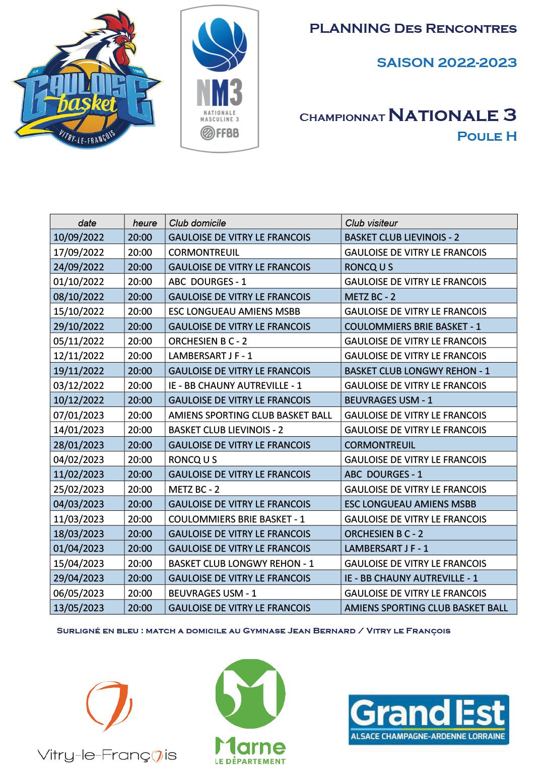Gauloise-Basket-NM3-planning saison 2022-2023