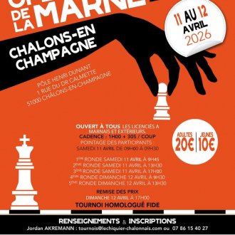 Venez participer à l'Open lent de la Marne les 11 et 12 avril prochains: 5 rondes en 1h+30 s/coup. (...)